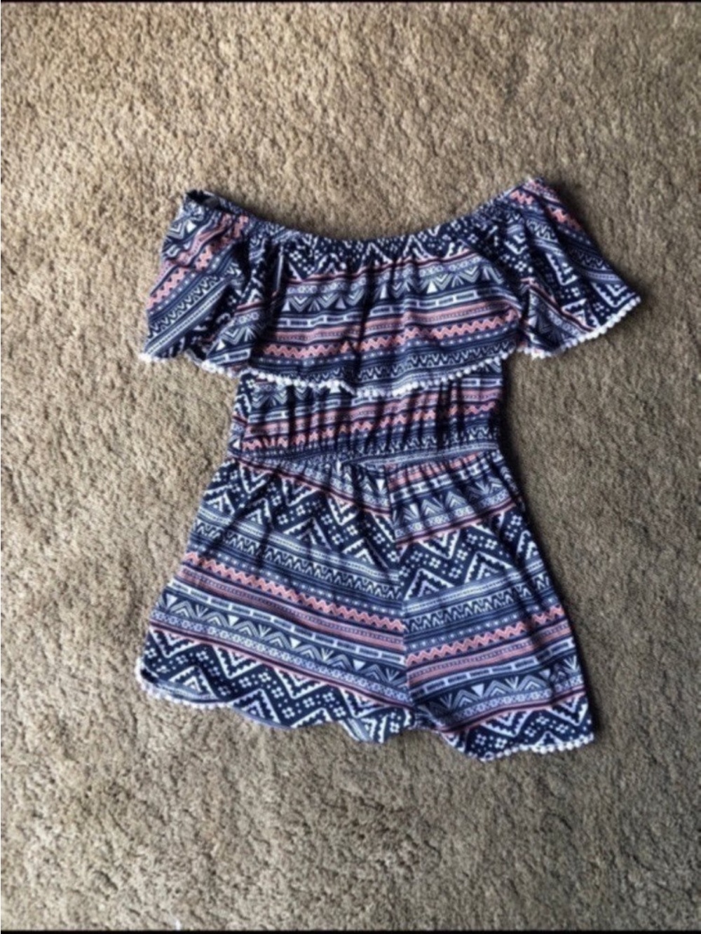 Rue21 Navy and Pink Off-Shoulder Printed Romper